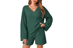 MEROKEETY Women's 2 Piece Outfits Fuzzy Fleece Sweater Set Long Sleeve Tops and Shorts Pajamas Set