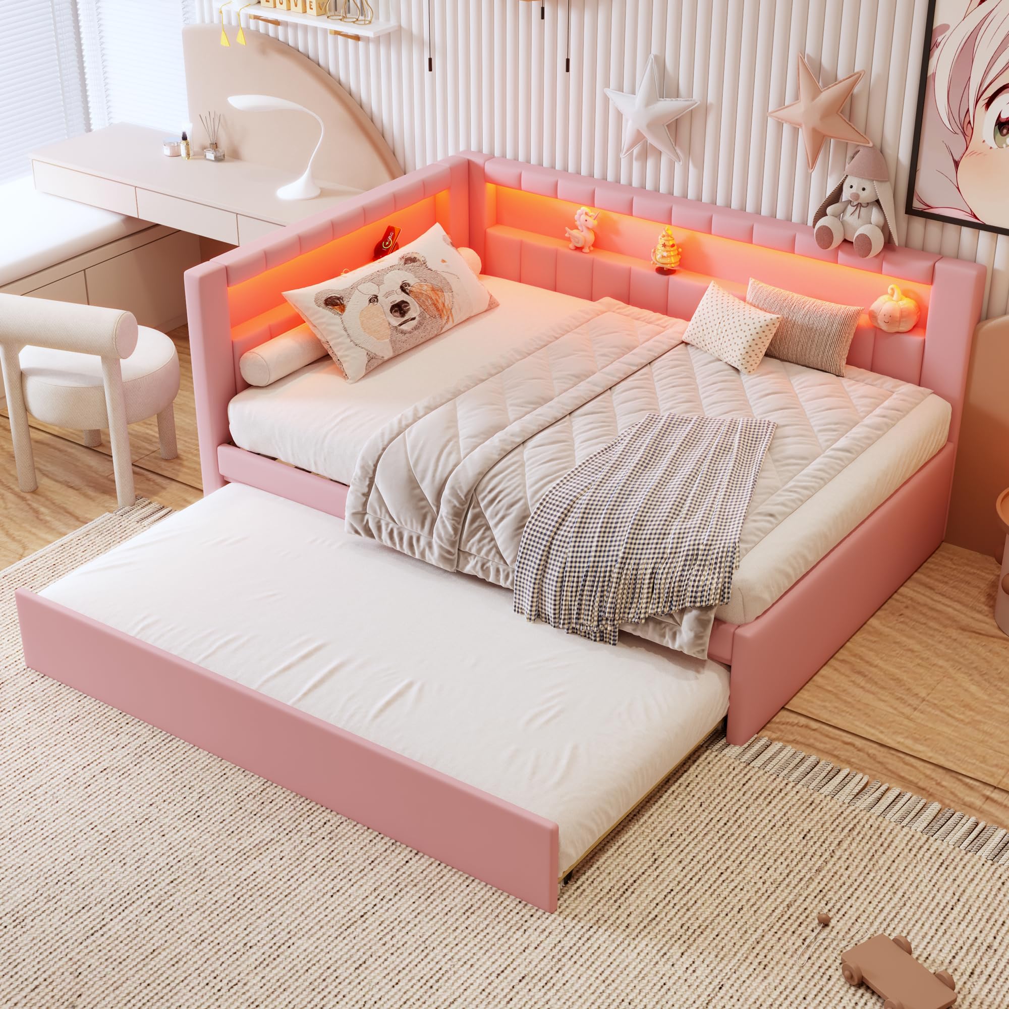 Photo 1 of *FINAL SALE// NO REFUNDS// PARTIAL SET//BOX 1 OF 2** Merax Full Size Modern Upholstered Platform Bed with USB Ports & Trundle Bed, Floor Daybed with Wood Slat Support, Storage Bed Frame with Headboard/Full, Pink