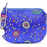 Handmade Women Coin Purse Brocade Zipper Wallet Silk Rosary Bag Jewelry Pouch Golden Leaf Pattern - Navy