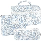 URSKYTOUS 3Pcs Makeup Bag Quilted Cosmetic Bag Set Bow Travel Large Makeup Pouch for Women Cute Portable Cotton Toiletry Bag Skincare Organizer Coquette Vintage Travel Essential