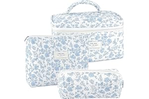 URSKYTOUS 3Pcs Makeup Bag Quilted Cosmetic Bag Set Bow Travel Large Makeup Pouch for Women Cute Portable Cotton Toiletry Bag Skincare Organizer Coquette Vintage Travel Essential