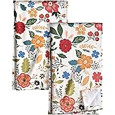 Miss Adola Cotton Kitchen Towels Set of 2 - Cute Design 16×26 Inch Dish Towels for Kitchen with Hanging Loop Beige Flower Quick Dry Hand Towels Soft & Absorbent, Decorative Terry Cloth Tea Towels