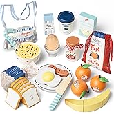 Lehoo Castle Wooden Play Food Toys, Kids Kitchen Accessories Pretend Play Cutting Toy Food, Wooden Breakfast Kitchen Toys wit