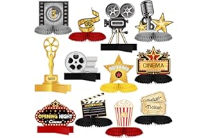 Chinco 12 Pieces Movie Night Party Decorations Supplies Movie Theater Honeycomb Centerpiece 3D Microphone Ticket Star Video Paper Centerpiece Sign Table Decoration for Theater Birthday Party Favors
