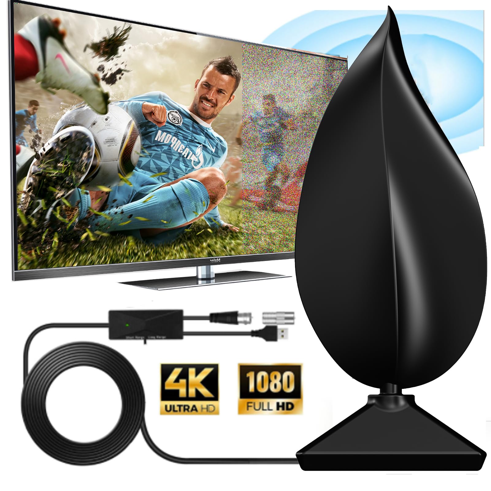 Indoor Digital TV Aerial With Amplifier Signal Booster - 600+ Miles Range (965KM), Freeview Antenna Support VHF/UHF/DAB Radio/4K/1080P/HDTV/USB Tuner/DVB-T and All TVs (Black)