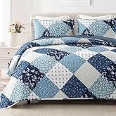 Exclusivo Mezcla Reversible Boho Quilts Twin Size, Blue Bedspreads Lightweight Coverlet All Season Patchwork Quilt Bedding Set with Printed Floral Pattern (1 Quilt, 1 Pillow Sham)