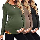 JoyMotion 3 Pack Women's Thermal Maternity Shirts Long Sleeve Fleece Pregnancy Layering Top Crew Neck Base Layer Mama Clothes