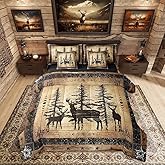 Erosebridal Rustic Deer Comforter Set 7 Piece Farmhouse Cabin Bed in A Bag King Western Woodland Wildlife Bedding Comforter Sets for Kids Boys Adults Men Black Retro Country Animal Bed Set