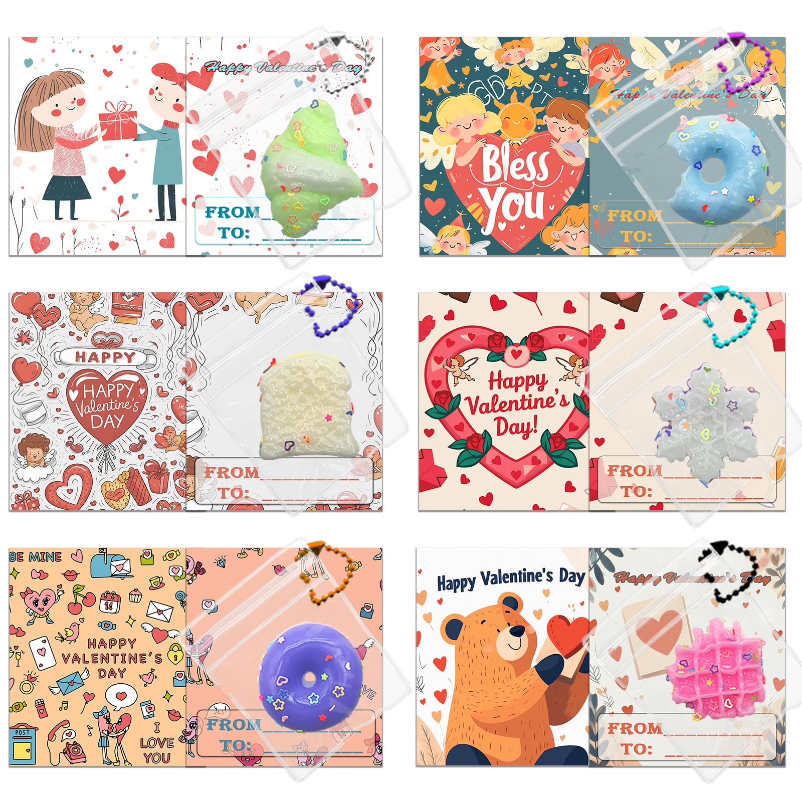 Photo 1 of 12 BOXES OF red pig Valentines Day Gifts for Class, 24pcs Mini Food Squishy Keychain Valentine Day Gifts for School with Cards