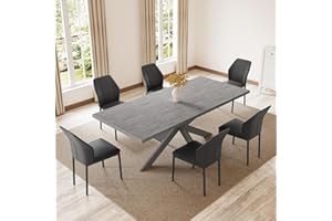 ZckyCine 6-8 People Modern Dining Table Rectangular Kitchen Dining Table Space-Saving Expandable Dining Table Metal Frame Wood Dining Table and 6 Upholstered Chairs