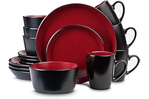 Stone Lain Albie Stoneware 16-Piece Modern Dinnerware Set, Kitchen Plates and Bowls Sets, Dish Set for 4, Red and Black