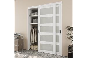 AINLARRY Paintable Sliding Closet Door 60" x 80", 5 Lite Frosted Tempered Glass Interior Sliding Door for Bedroom, Bypass Closet Panels with Hardware Set & Handles, Pre-Drilled Need to Assemble