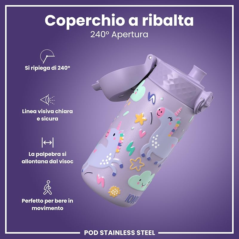 Borraccia Inox Leggero per Bambini, 400ml, Non Isolato, a Prova di Perdite, Facile da Aprire, Serratura Sicura, Lavabile in Lavastoviglie, Facile Pulizia, Durevole e Antigraffio, Unicorni Viola