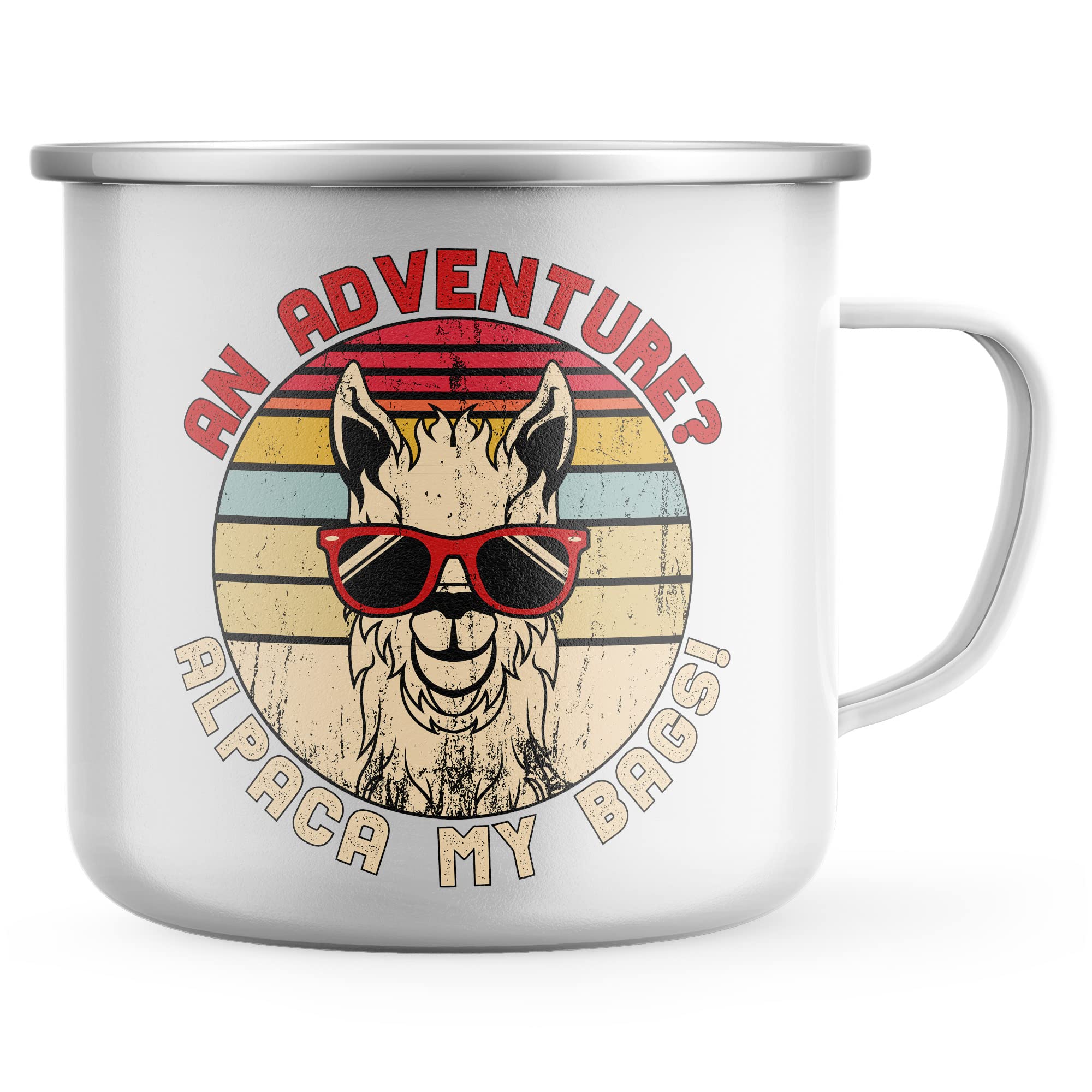 Purple Print House Funny Hiking Enamel Mug, An Adventure Alpaca My Bags, Hiking Gifts for Himor Her, Dad Grandad Birthday Camping Gift, Walking Metal Coffee Cup for Hiker, One Size, White