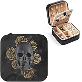 Artinhand Gothic Skull with Roses Small Travel Jewelry Case with Mirror | Portable Black PU Leather Box Earrings Necklaces Rings Bracelets Storage Organizer Gift for Women And Girls
