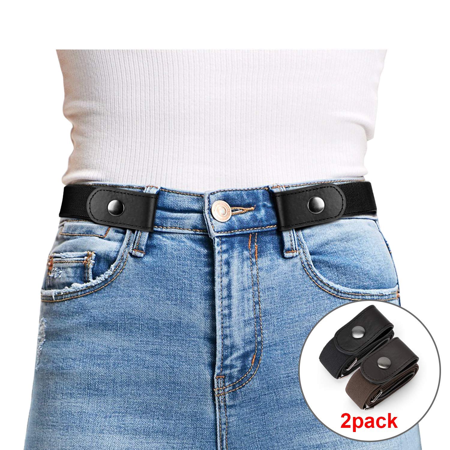 JasGood 2 Pack Schnallenfrei Elastischer Gürtel für Damen oder Herren, Ohne Schnalle Keine Ausbuchtung Unsichtbare Gürtel, Schwarz/Kaffee, Hosengrößen 55cm-90cm