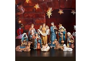 TOETOL Nativity Sets for Christmas Indoor Set of 13 Pieces 7.9 Inch Tall Scene Resin Figurines Holy Family with Glory Angel Tabletop Holiday Decorative Ornament Religious Gifts