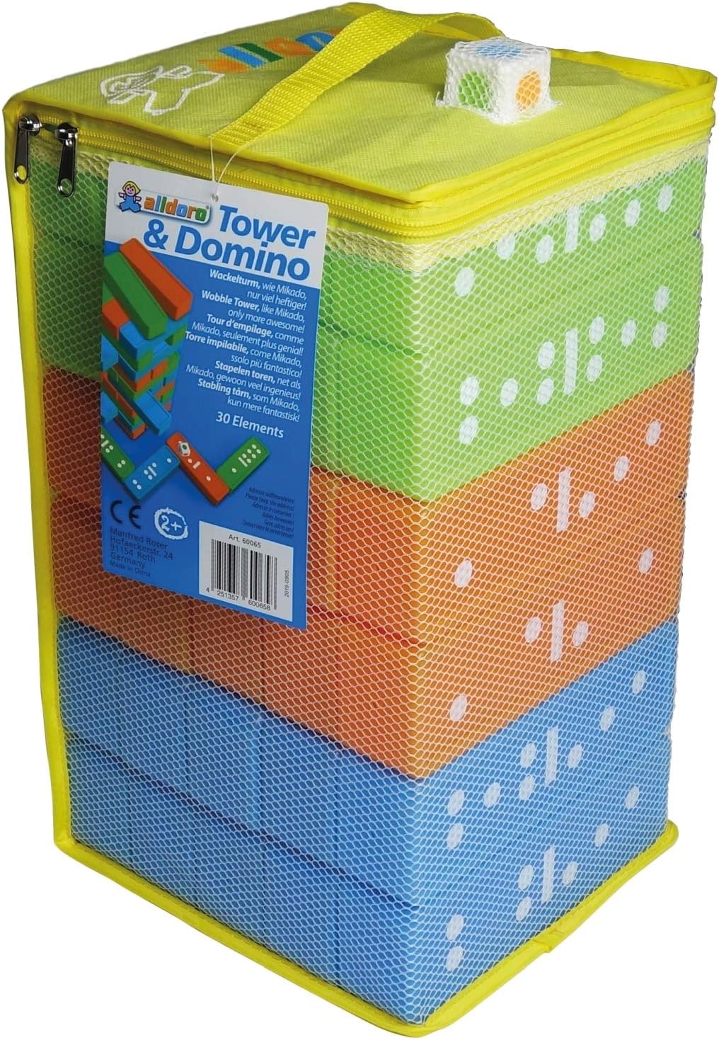 alldoro 60065 2-in-1 Tower & Domino Game Set, XXL Wobble Tower + Dominoes as Tile Game in Giant Format