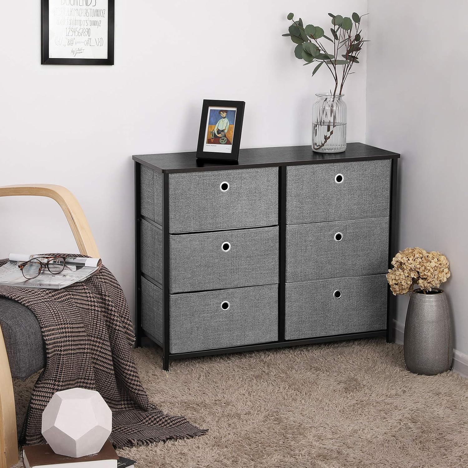 SONGMICS 3-Tier Wide Dresser, Storage Unit with 6 Easy Pull Fabric Drawers, Metal Frame, and Wooden Tabletop, for Closet, Nursery, Hallway, 31.5 x 11.8 x 24.8 Inches, Gray ULTS23G: Furniture & Decor