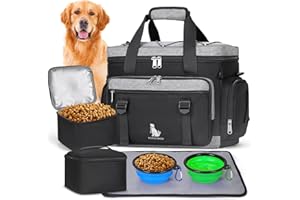 IGOLUMON Dog Travel Bag Large Pet Travel Bags Set for Supplies Weekend Travel Kit Tote Organizer Multi-Pockets Food Travel Bag with 2 Extra Large Food Containers, 2 Dog Bowls, 1 Feeding Mat