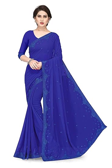 Womens Faux Georgette Emboidered Party Wear Saree With Blouse Piece (12866-Royal Blue)