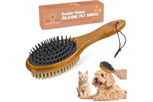 TAKAVU Short Hair Dog & Cat Deshedding Brush - Double Sided Grooming Tool with Silicone Massage & Bristle Sides - Removes Loose Fur & Dirt - Wood Handle