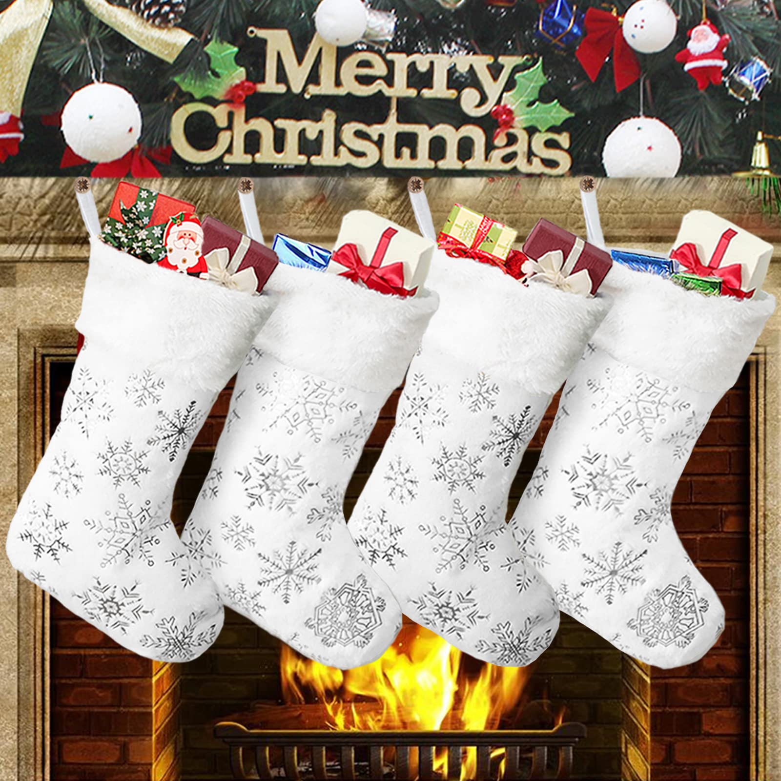 GugnRyAc Christmas Stockings Large 18 inches 4 Pcs - Plush Faux Fur Xmas Stocking with Sliver Snowflake, for Family Holiday Xmas Personalized Party Decorations