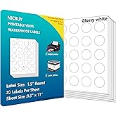 Nicbuy 500 Printable Glossy White 1.5 inch Round Labels, Waterproof Vinyl Sticker Labels for Inkjet or Laser Printer