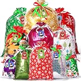 AhfuLife 32pcs Christmas Drawstring Gift Bags, 5 Assorted Size Xmas Gift Wrapping Bags with Tags, Christmas Extra Large Mediu