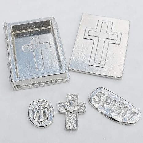 Kleine Kiste in Gestalt von Bibel mit Kreuz, Schutzengel und Spirit Glücksbringer, aus Zinn (Pewter) von Hand Gegossen