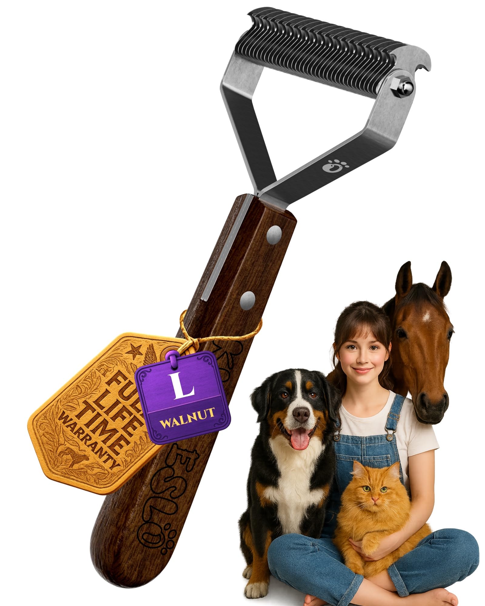 Large 2-Sides Innovate Dematting&Deshedding Tool, Undercoat Rake for Dogs&Cats, Safe & Gentle Cat Brush, Dog Brush for Shedding, Dematting Comb for Short to Medium-Haired Pets, Premium Walnut Handle Image Large 2-Sides Innovate Dematting&Deshedding Tool, Undercoat Rake for Dogs&Cats, Safe & Gentle Cat Brush, Dog Brush for Shedding, Dematting Comb for Short to Medium-Haired Pets, Premium Walnut Handle Image