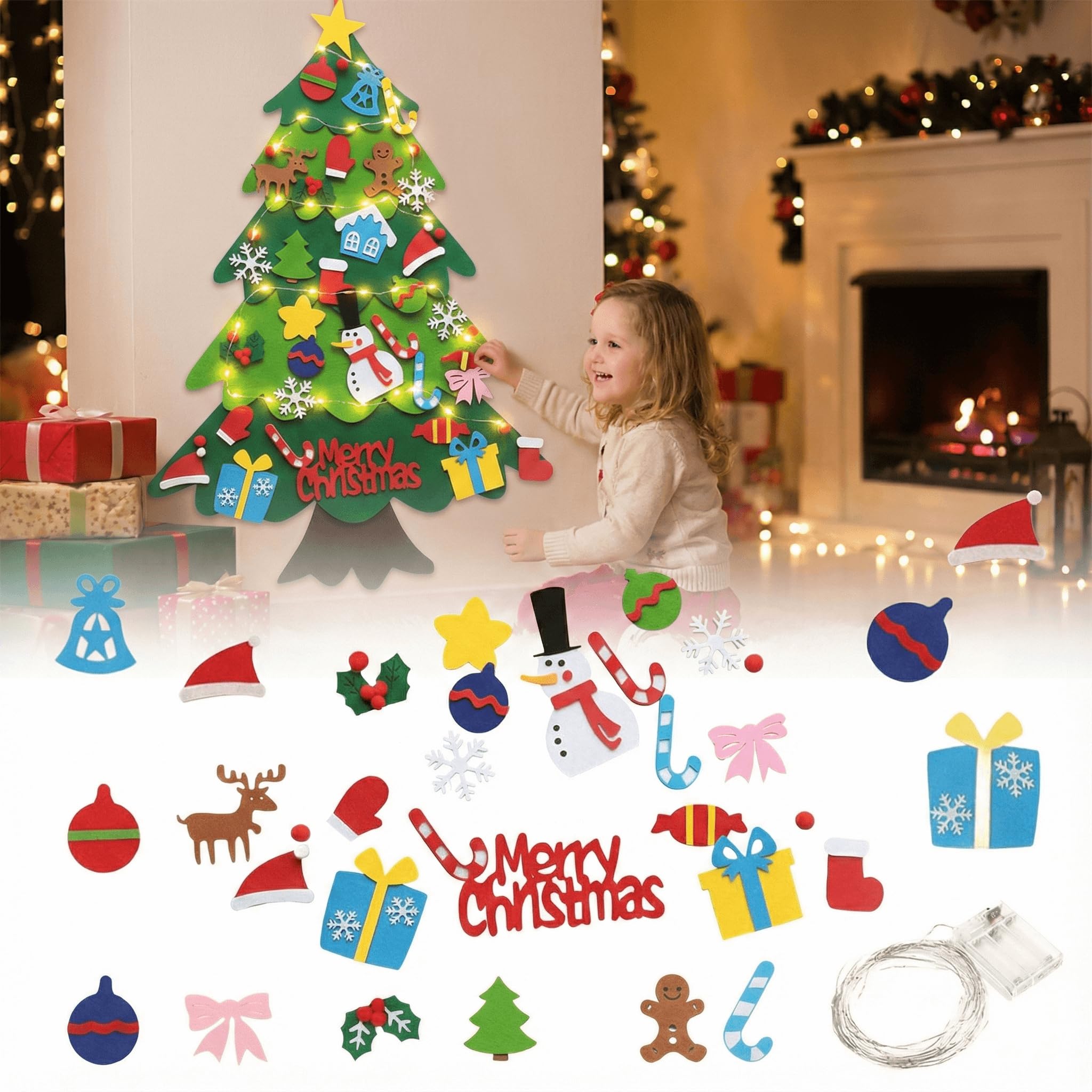 DEJIN Felt Christmas Tree – 32Pcs DIY Wall Christmas Tree with Ornaments & 16.4ft String Lights (No Battery Included), Fuzzy Felt Holiday Decoration Set for Home, Party, and Christmas Activities