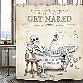 Yookeb Funny Skull Skeleton Bathroom Shower Curtain 60W by 71H Inch Get Naked Vintage Spooky Halloween Horror Retro Scary Polyester 12 Plastic Hooks Waterproof Decor