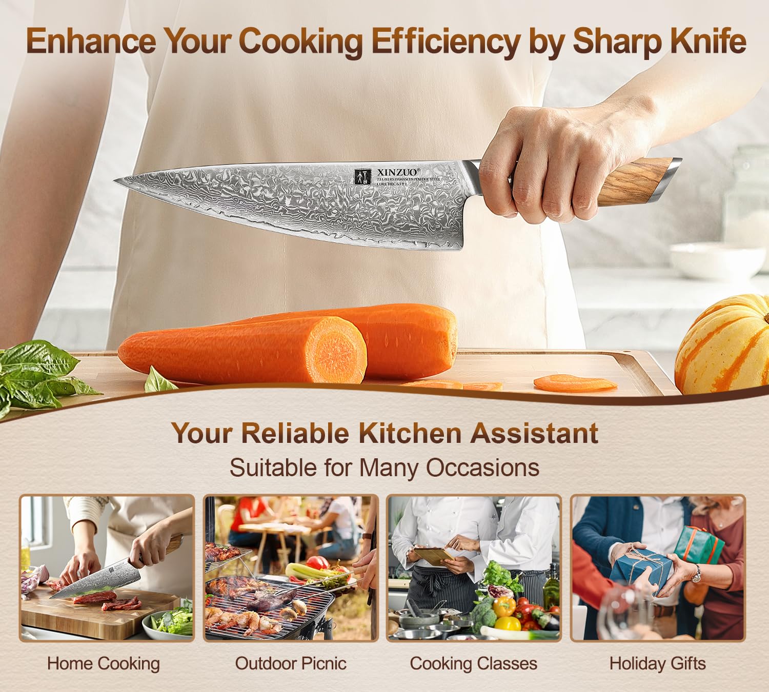 XINZUO 21.2cm Kochmesser 73 Schichten Damastpulverstahl, profi Chefmesser Gyuto-Messer, handgeschmiedet scharfe Klinge Küchenmesser-mit ergonomischer Olivenholz Griff - Lan Series 8