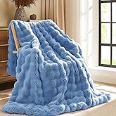 L'AGRATY Faux Fur Throw Blanket: 50" x 60" Luxury Soft Fluffy Rabbit Fur Blankets Twin for Couch Bed Sofa - Cozy Plush Bubble Blankets for Winter: Flannel Fleece Decorative Blanket(Airy Blue)