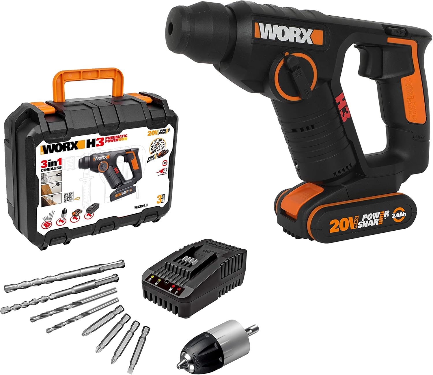 WORX WX394.3 18V (20V MAX) Cordless 1.5Kg Rotary Hammer Drill BigaMart