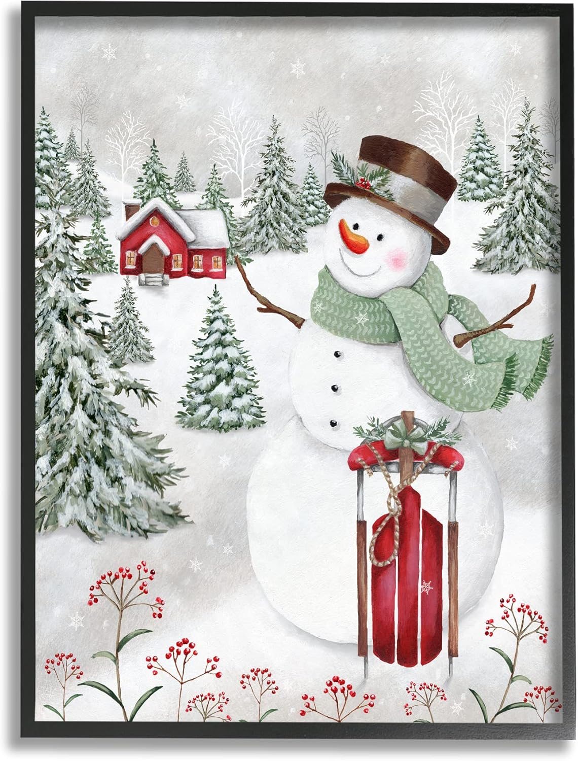 Tree Stands - Stupell Industries Cheerful Snowman Red Sleigh Sled Holly Botanicals, Design by Emma Leach