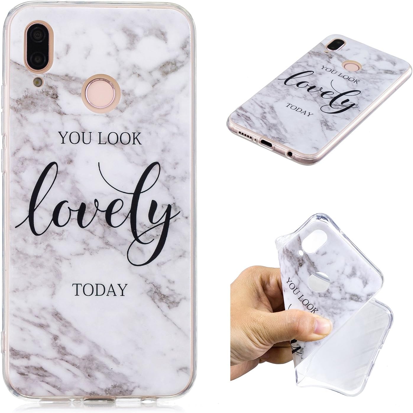 KANTAS Silicone Marble Case for Huawei P20 Lite, Soft Back Cover Rubber Gel Skin Case White Marble Pattern Case Protective TPU Bumper Ultra Slim Fit Protective Case You Look Lovely Today