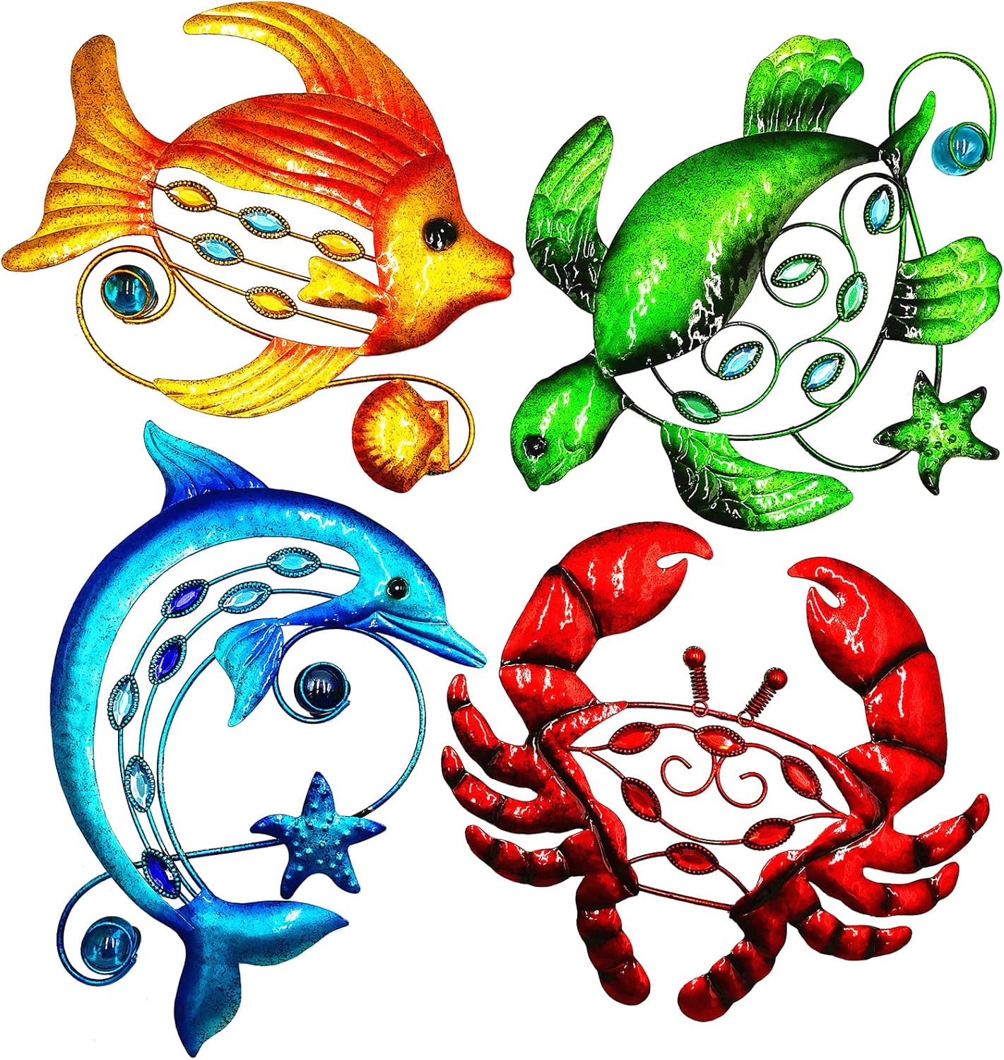 Plaques & Wall Art - XIUDEEN Metal Fish Wall Decor, Sea Turtle & Crab Art for Outdoor Patio, Beach & Pool Bathroom Decor Large Metal Ocean Wall Sculptures, Dolphin Wall Decor Farmhouse & Colorful Outdoor Wall Art
