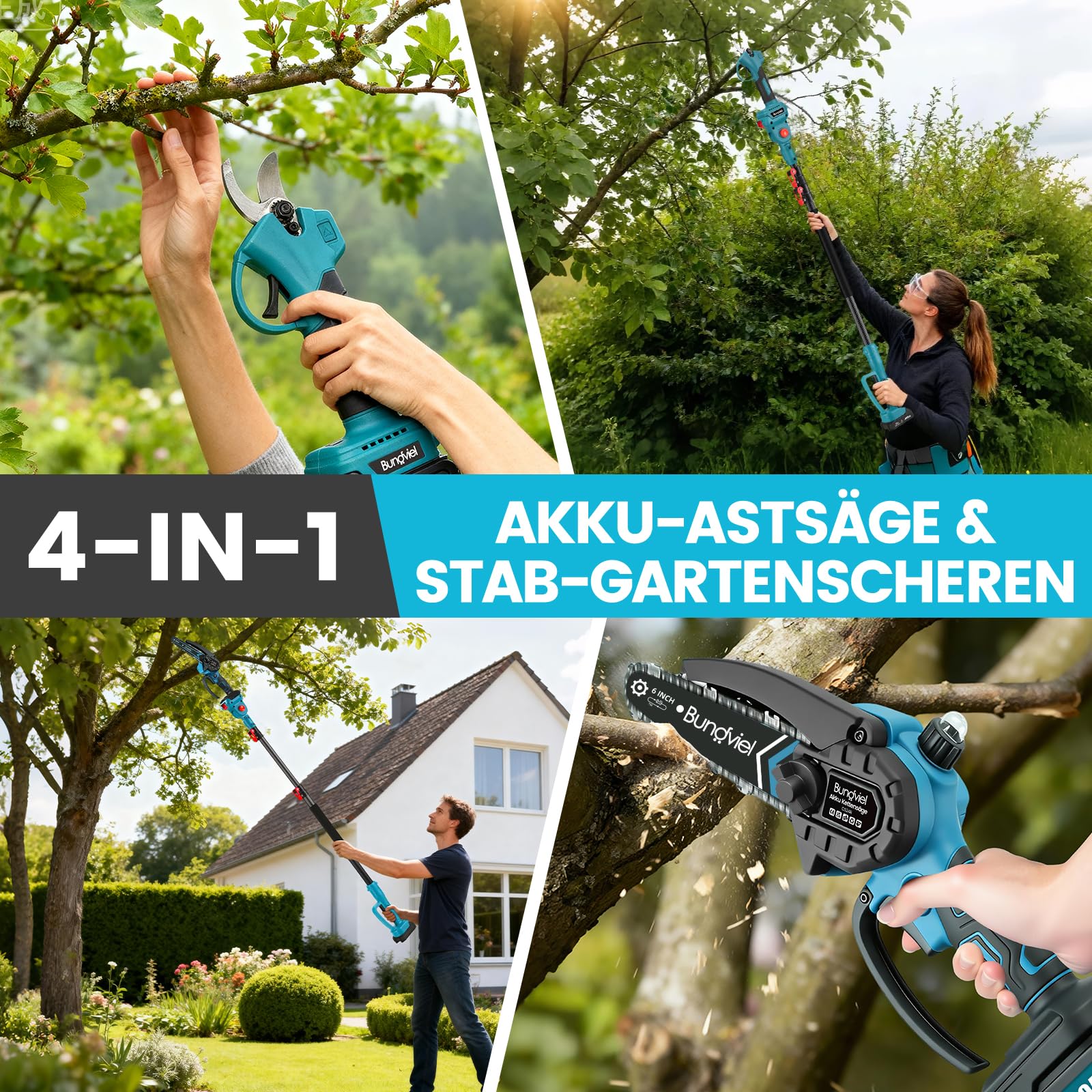Bundviel 4-in-1 Akku Hochentaster kompatibel mit Makita Akku, Bürstenloser 6 Zoll Mini Kettensäge & 25mm Elektrische Gartenschere 2x 4.0Ah Akku, bis 235,5cm Teleskopstange für Garten Baumschnitt 2