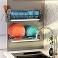 hanting Hanging Wall Mounted Dish Drying Rack - Ideal for Small Spaces, Max Side-by-Side Placement for 10.5" & 8" Plates, Waterproof, Rust-Resistant, Compact 17.2" Long, Gray Wall Mounted Dish Rack