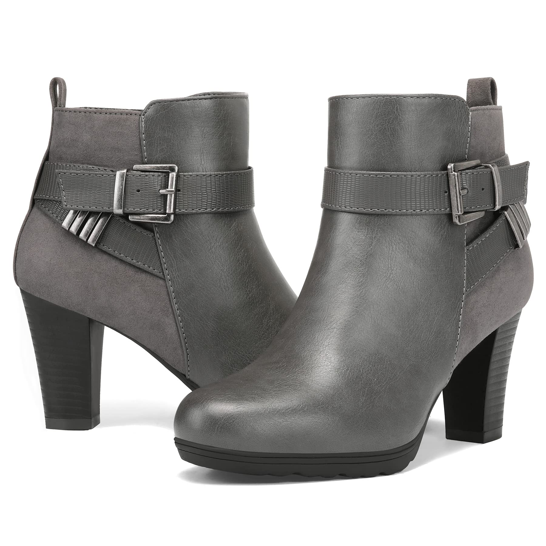 mysoft Women's Zipper Booties Chunky Stacked Heel Ankle Boots Buckle Strap Ankle Image