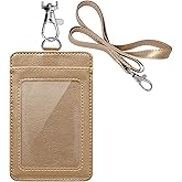 PU Leather ID Badge Holder, Life-Mate ID Badge Holder with 1 Clear ID Window 1 Credit Card Slot and PU Leather Lanyard for Badge Credit Cards College ID Cards in Champagne Gold