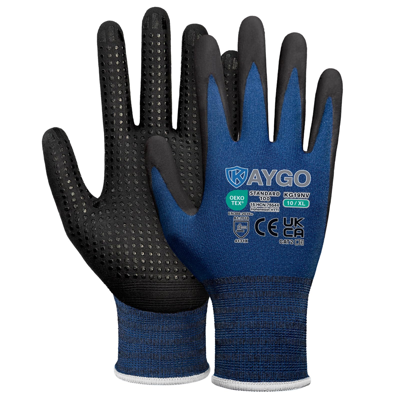 KAYGO Work Gloves with Grip Dots on Palm for Anti-Slip 12 Pairs, KG19N, MicroFoam Nitrile Coated Light Oil Compatible, Seamless Knit Nylon Gripper Gloves for Warehouse, Automotive (Navy Blue, XL)