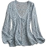 Floerns Women's Tie Front Crochet Cardigans Long Sleeve Sheer Lightweight Sweaters Knitted Cover Ups