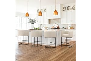 LUE BONA 27" H Counter Height Bar Stools Set of 4, Modern Barrel Counter Stools with Backrest and Arms, Black Metal Frames, Linen Fabric Upholstered Accent Barstools for Kitchen Island, Linen Color