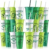 Mifoci 24 Pcs Dinosaur Party Favor 24 oz Plastic Cup with Lids and Straws Set Kids Reusable Dinosaur Cup Decorations for Beverage Birthday Party Dino Supplies (Green)