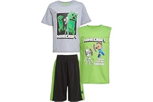 Minecraft Boy's Creeper 3-Piece Set - Graphic Print T-Shirt, Tank Top and Shorts Bundle for Kids