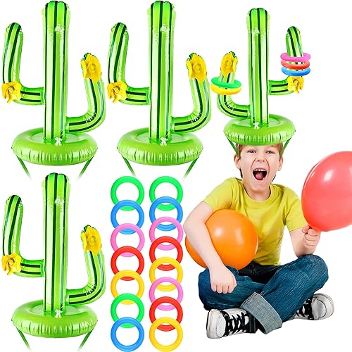 4 Set Inflatable Cactus Ring Toss Game Includes 4 Cactus and 20 Rings Floating Pool Ring Toss for Kids Adults Summer Beach Pool Hawaiian Party Decor Mexican Luau Fiesta Party Games