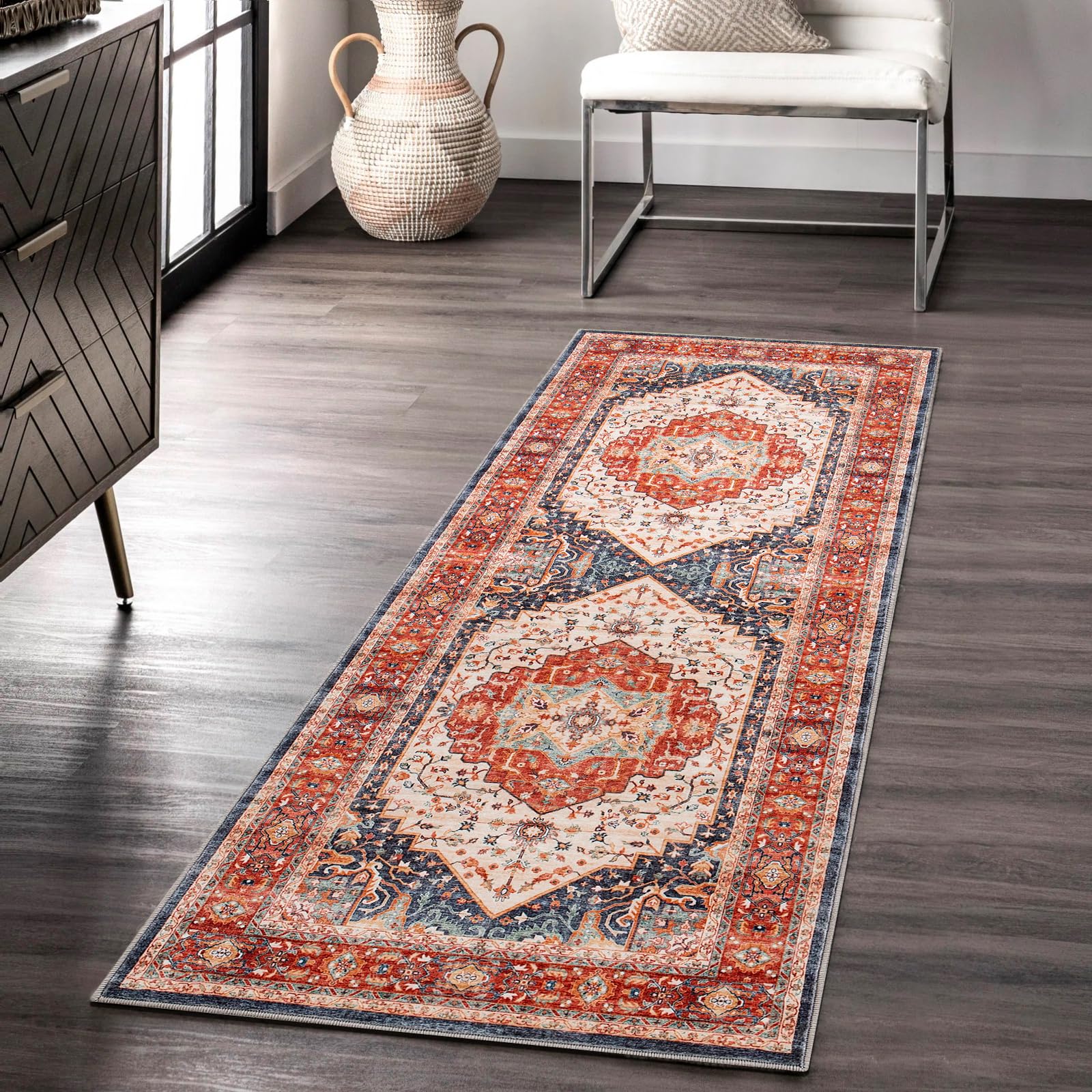 Carvapet Hallway Runner Rug 60x180cm Non Slip Long Carpet Runner Washable Orange Area Rug Soft Microfiber Vintage Medallion Floor Carpet Runner Rug for Living Room Corridor Entryway